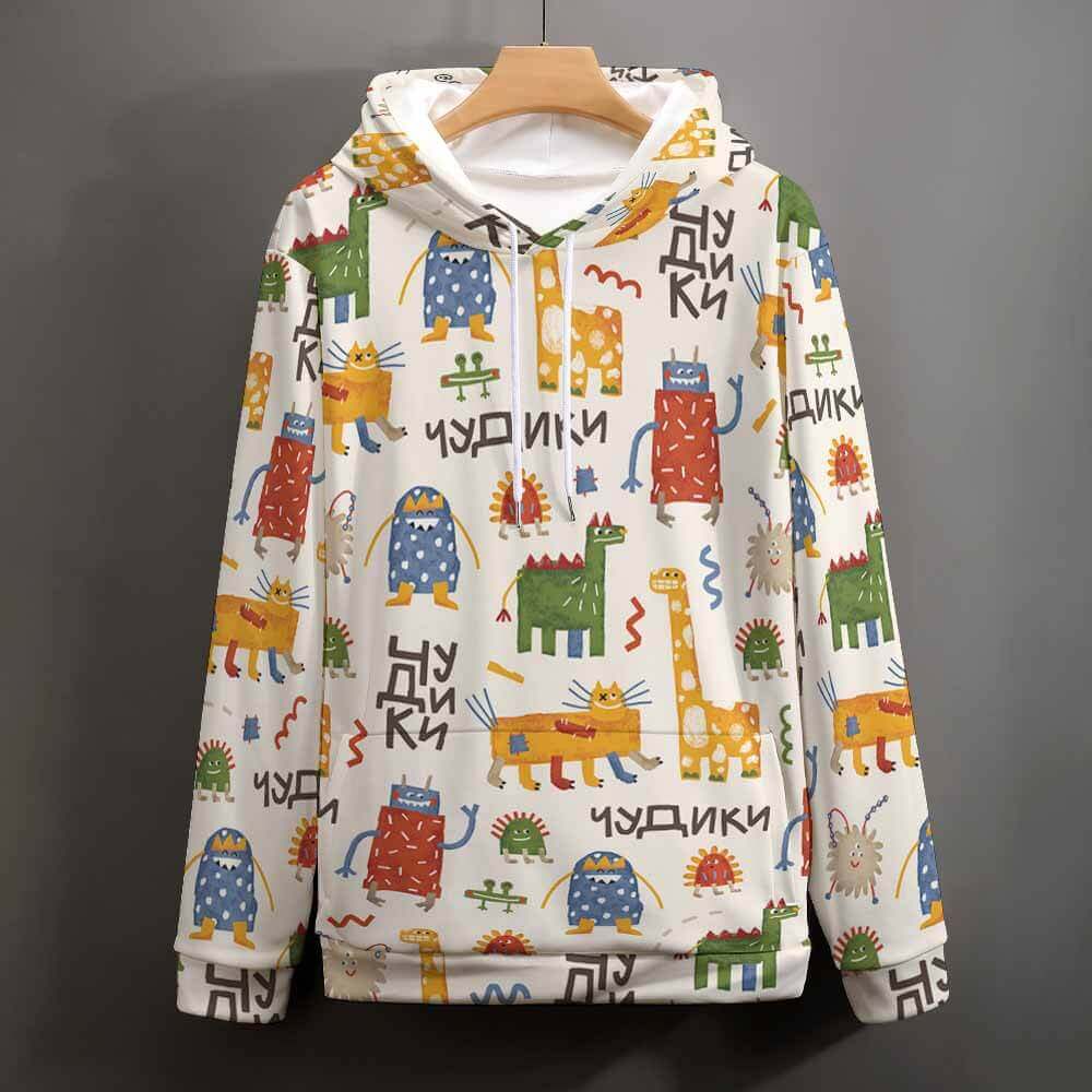 Plus size adult sweatshirt with colorful animal print and drawstring hood.
