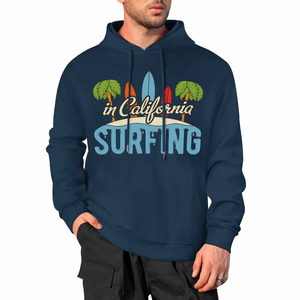 Navy blue cotton hoodie with California Surfing graphic, loose fit design, suitable for daily wear.