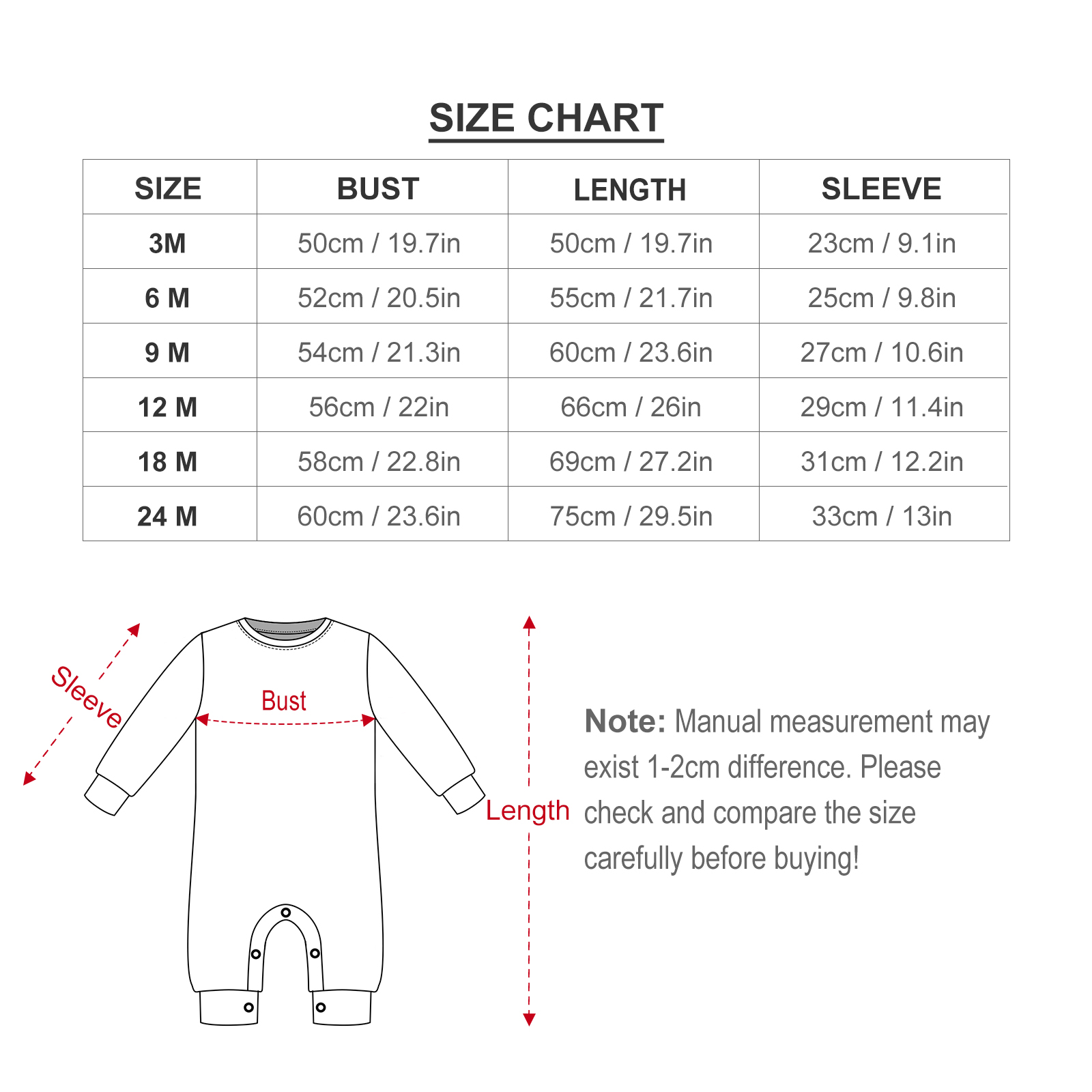 Baby romper size chart with bust, length and sleeve measurements, includes S to 24M sizes.