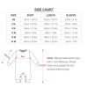 Baby romper size chart with bust, length and sleeve measurements, includes S to 24M sizes.