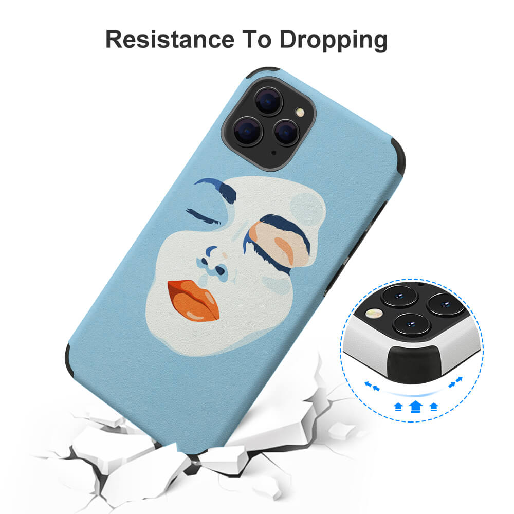 Light blue microfiber iPhone 12 case with abstract face art, drop-resistant design