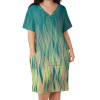 Green imitation cotton loose pocket dress with V-neck and patterned design, perfect for everyday wear.