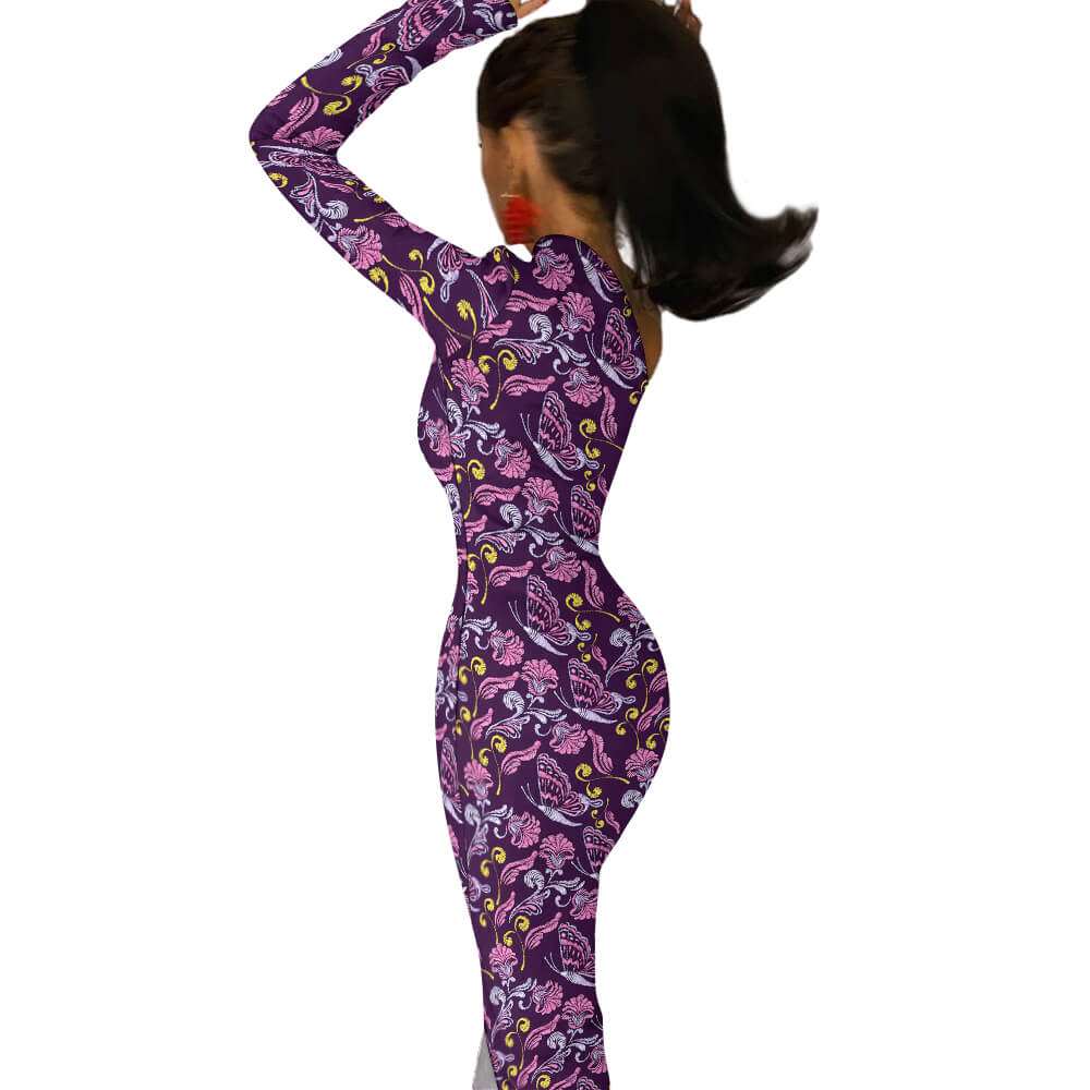 Purple floral print half sleeve slit dress, perfect for vacation wear.