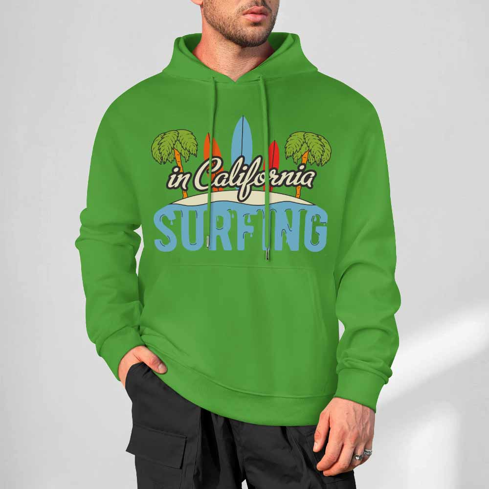 Green cotton hoodie with "CALIFORNIA SURFING" graphic, loose fit design, suitable for daily wear.