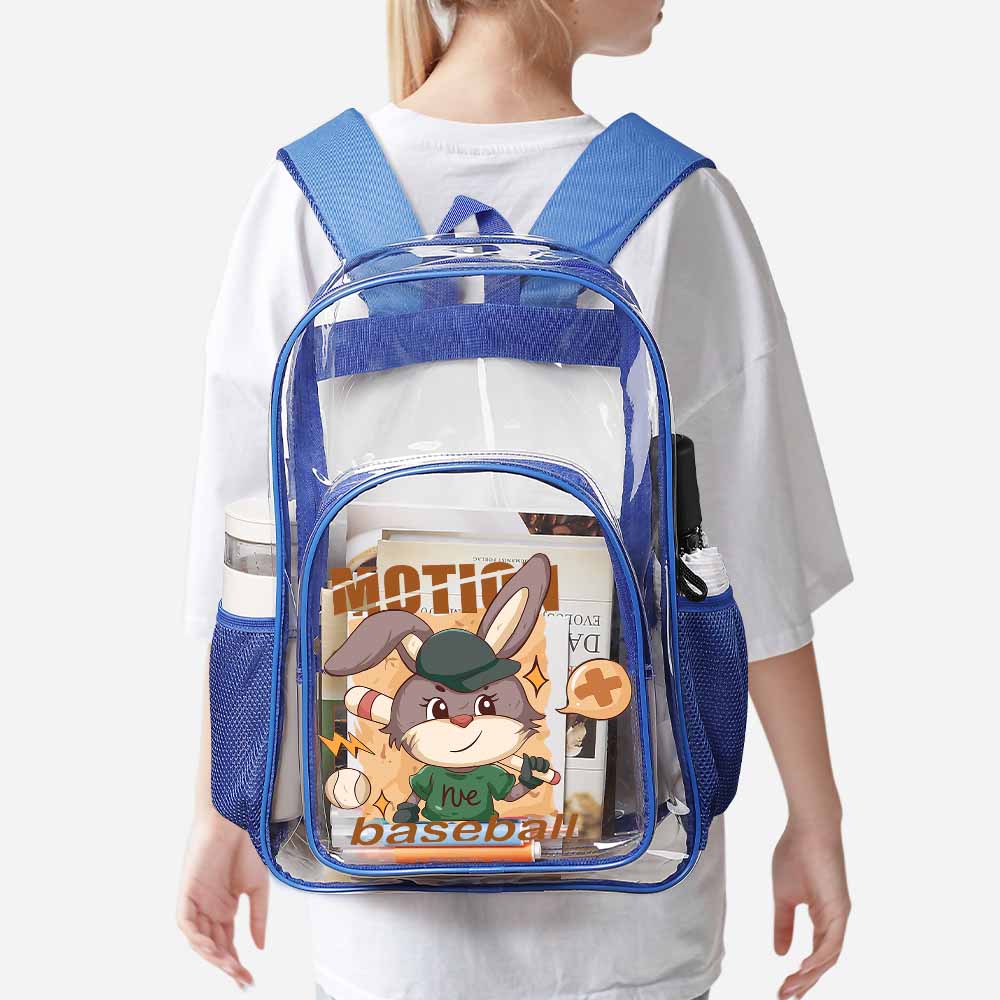 Blue transparent PVC backpack with cartoon graphic, perfect for work or travel