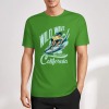 Green cotton short-sleeved T-shirt with Wild Wave California surfing print, summer fashion.