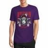 Purple cotton short sleeve T-shirt with "AMERICAN LEGEND" gorilla graphic print, summer fashion.