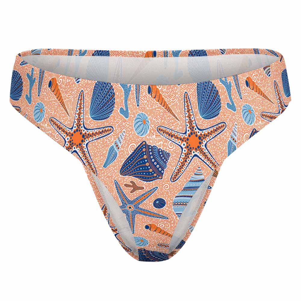 Peach thong panties with blue starfish pattern, polyester-spandex blend, Inkedjoy