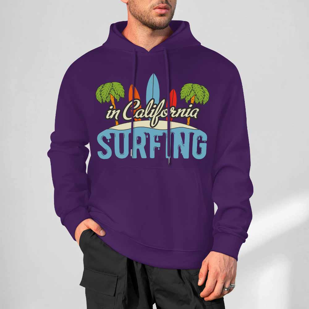 Purple California Surfing hoodie for men, loose fit, cotton blend, suitable for daily wear.