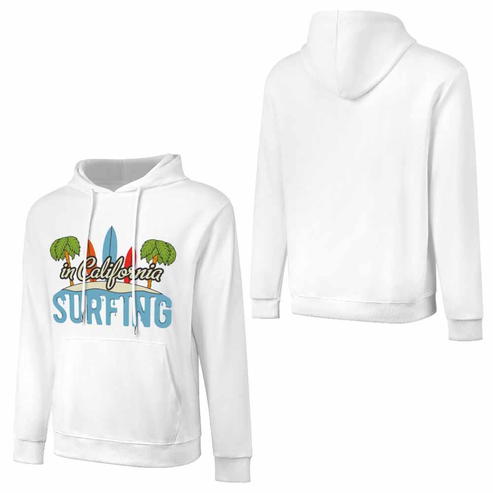 White cotton surfing hoodie with California Surfing graphic, loose fit, suitable for daily wear.
