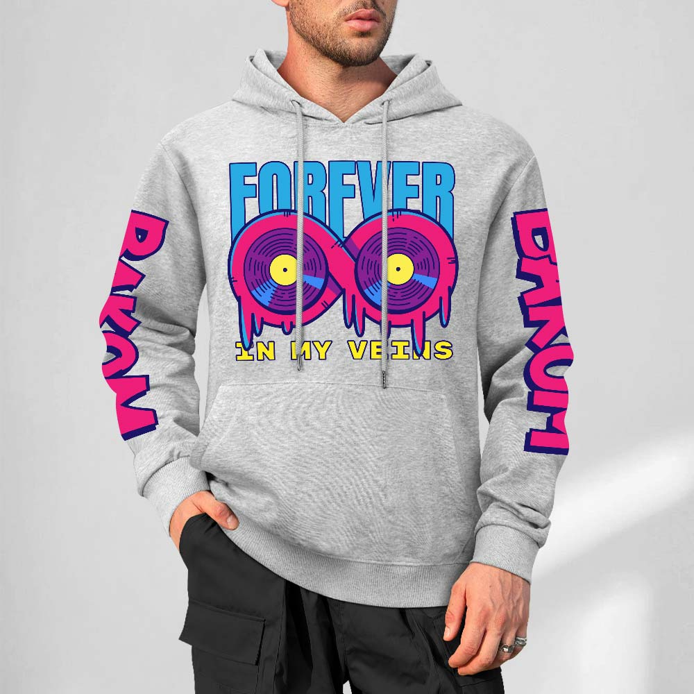 Grey cotton hoodie with FOREVER 99 and donut graphic, DAKUM sleeve prints, youth fashion style