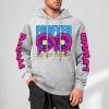 Grey cotton hoodie with FOREVER 99 and donut graphic, DAKUM sleeve prints, youth fashion style