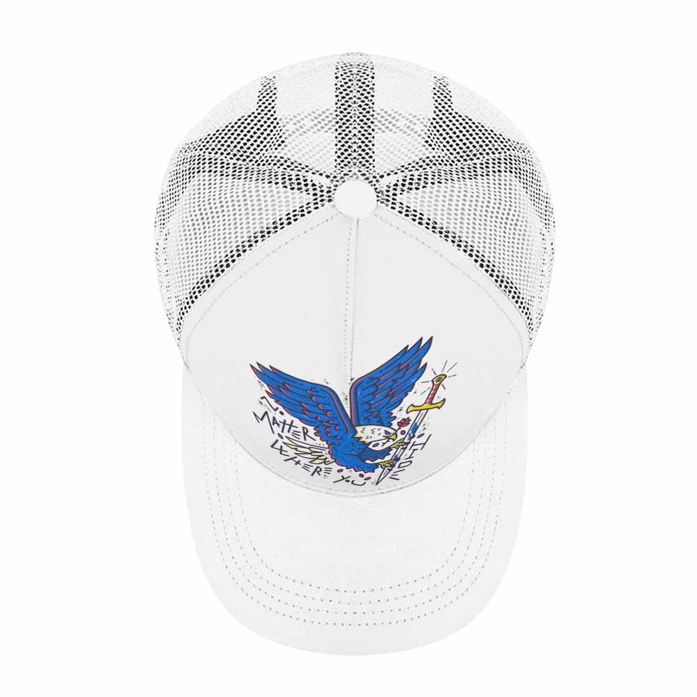 White baseball cap with a blue bird and sword graphic, mesh back, curved brim, Inkedjoy.
