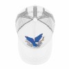 White baseball cap with a blue bird and sword graphic, mesh back, curved brim, Inkedjoy.