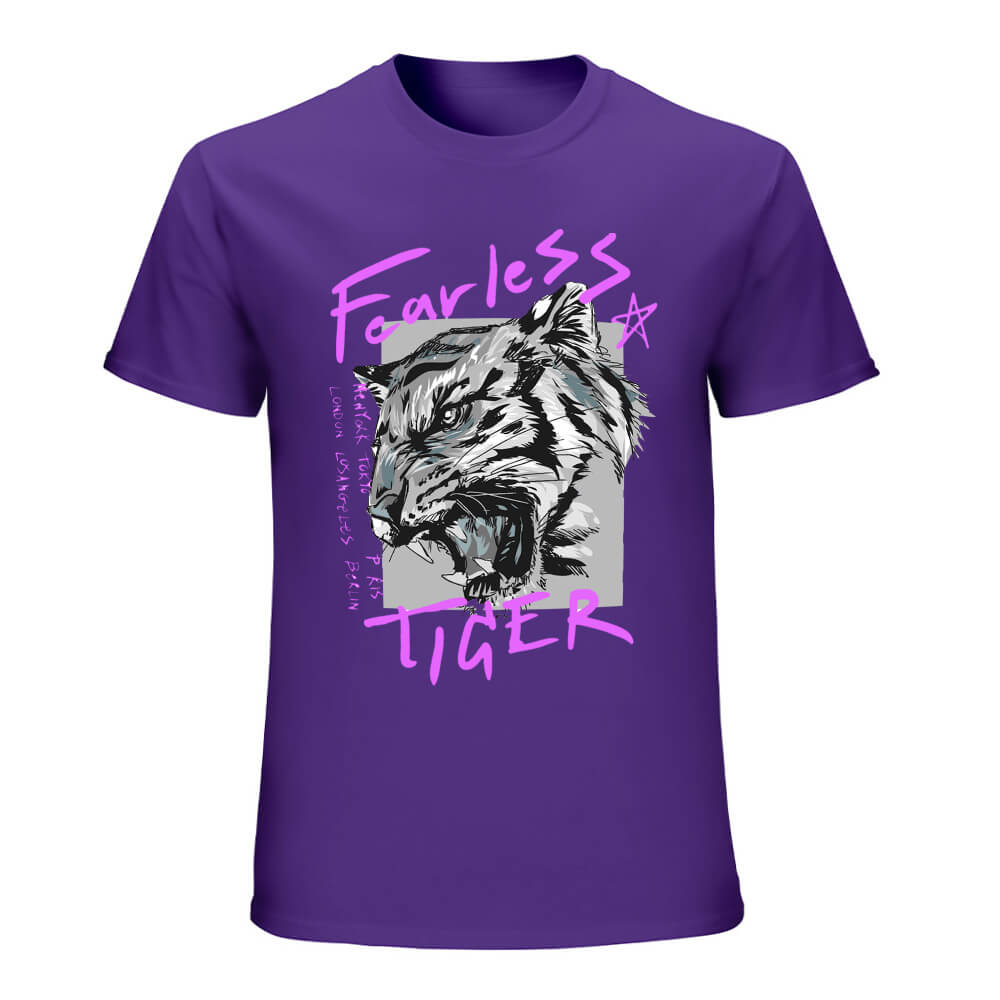 Purple cotton men's Fearless Tiger graphic T-shirt, front view, collection