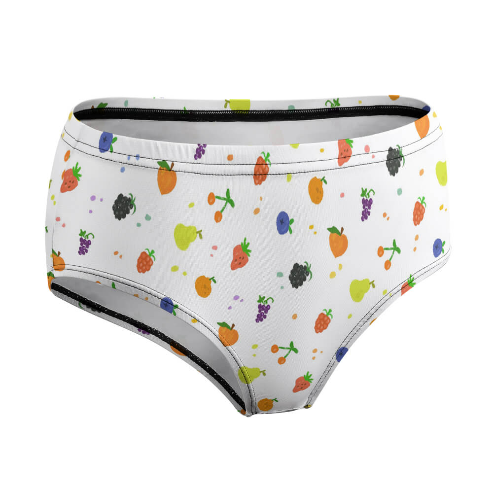 White polyester women's underwear with colorful patterns, elastic waistband, perfect for everyday wear.