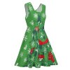 Green sleeveless round neck dress with reindeer print, suitable for holiday parties.