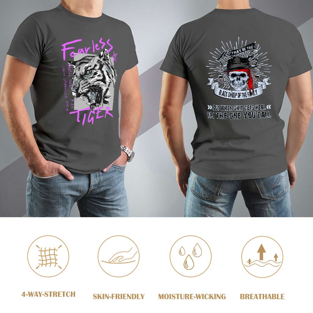 Gray cotton Fearless Tiger graphic tee, front and back print, collection.
