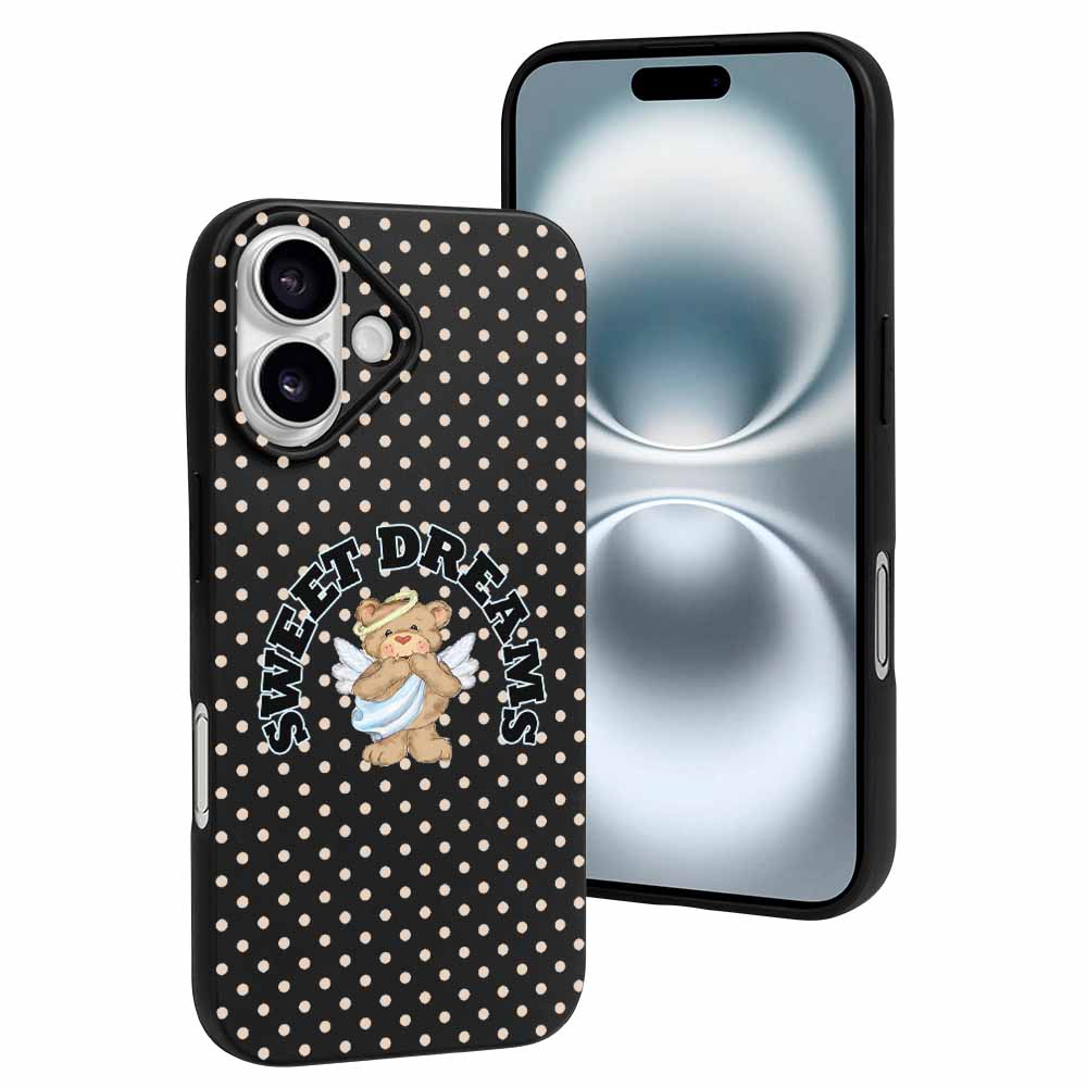iPhone 16 Series case with baby angel design, polka dots, TPU protective cover.