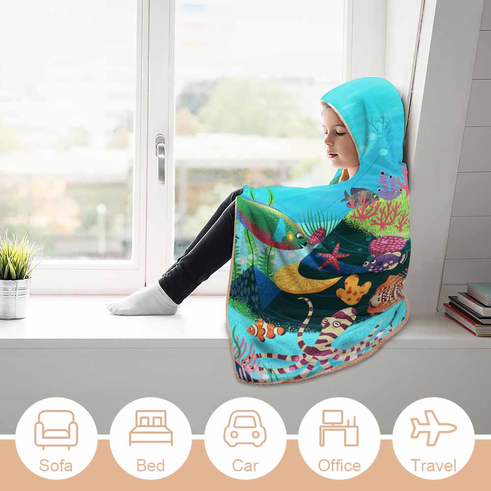 Arctic Velvet Hooded Blanket: Underwater scene design for cozy lounging.