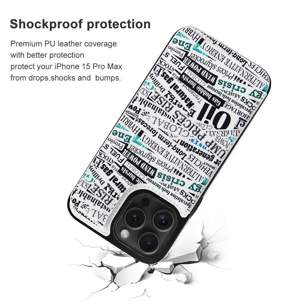 iPhone 15 case with text print, TPU leather, shockproof design, full protection