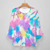 Women's ruffled petal sleeve top with watercolor pattern, button-front design, polyester blend