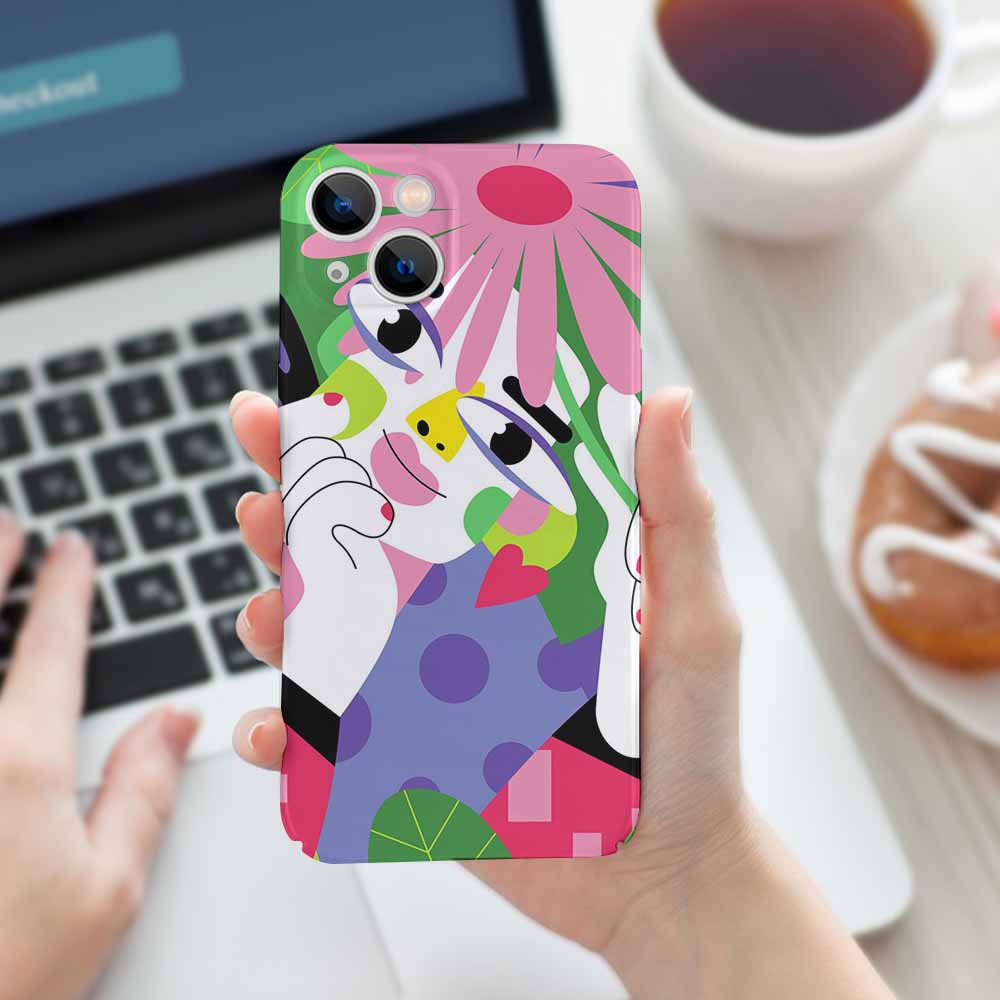 Floral iPhone 14 case with colorful abstract design, PC plastic, scratch-resistant.