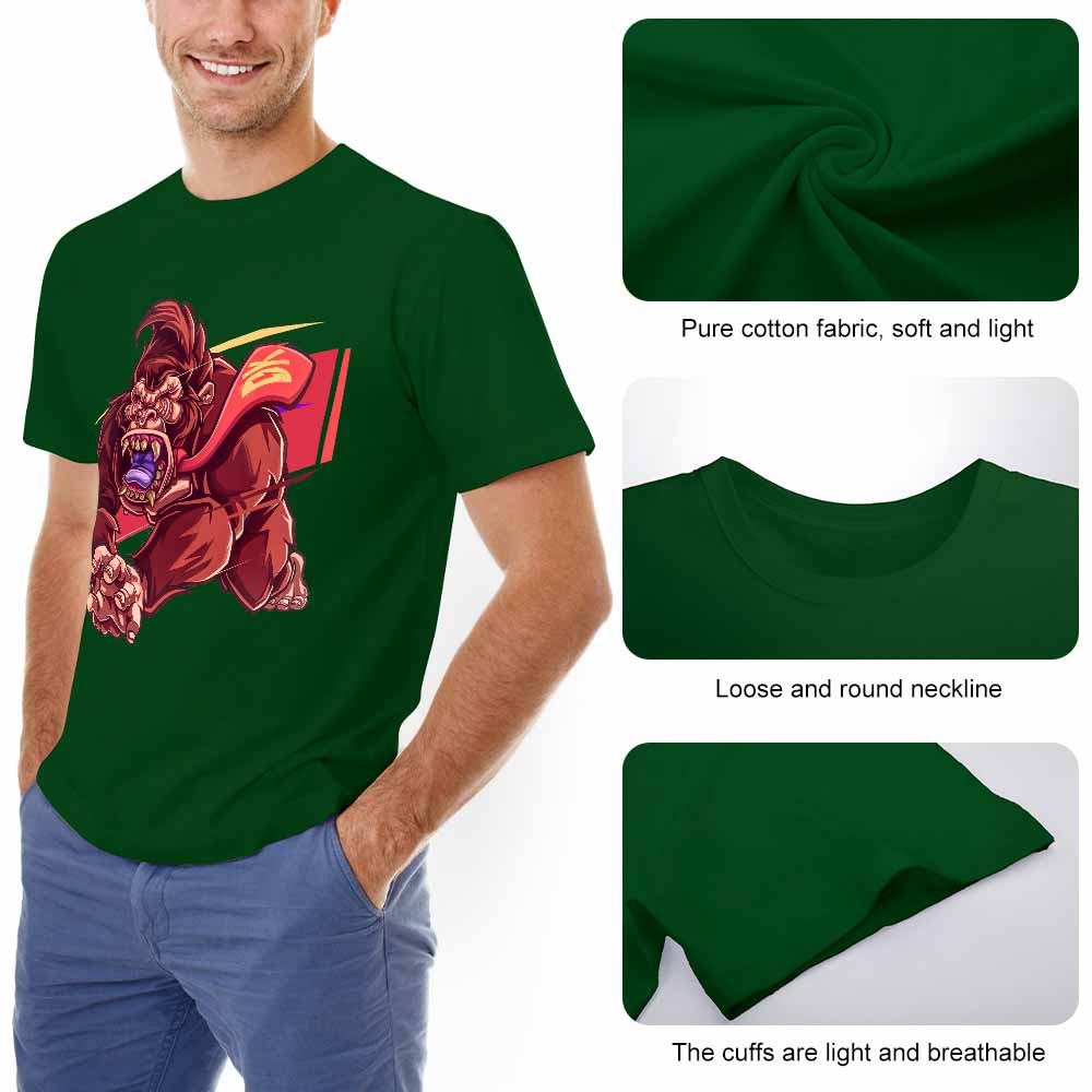 Green cotton men's t-shirt with a red monster graphic print, breathable fabric and a crew neck design | Inkedjoy