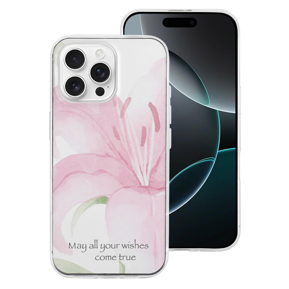 iPhone 16 Series case with pink watercolor floral design, TPU protective cover, "May all your wishes come true" text