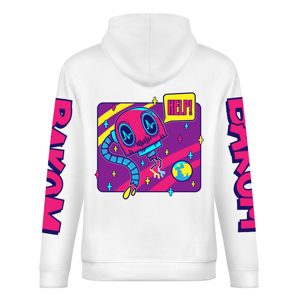 White cotton hoodie with FOREVER 99 donut graphic, DAKUM and BRANUIT sleeve prints, youth fashion style.