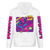 White cotton hoodie with FOREVER 99 donut graphic, DAKUM and BRANUIT sleeve prints, youth fashion style.