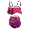 Back view of a colorful ladies' ruffle top bikini swimsuit, high-waisted design, comfortable for beach