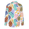 Women's  floral shirt with long sleeves and button closure, colorful print.