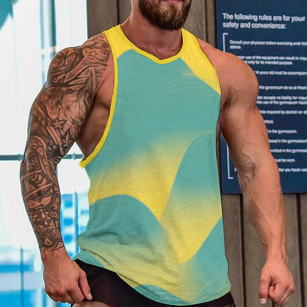 Men's teal and yellow full print vest, comfortable imitation cotton material