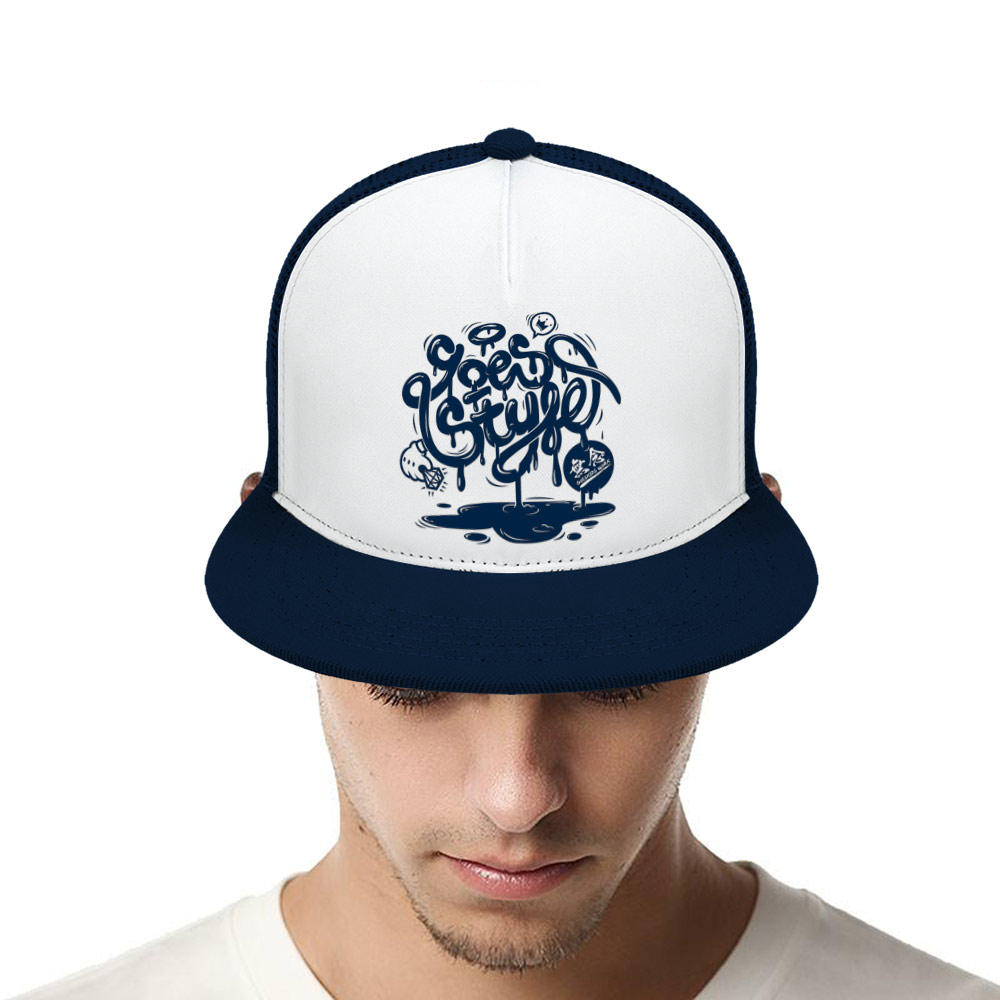 Navy and white baseball cap with graphic design, mesh back, for sports and outdoor wear.