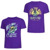Purple cotton surfing T-shirt with 'Wild Wave California' and 'Catch the Wave Surfing' print. Summer fashion.