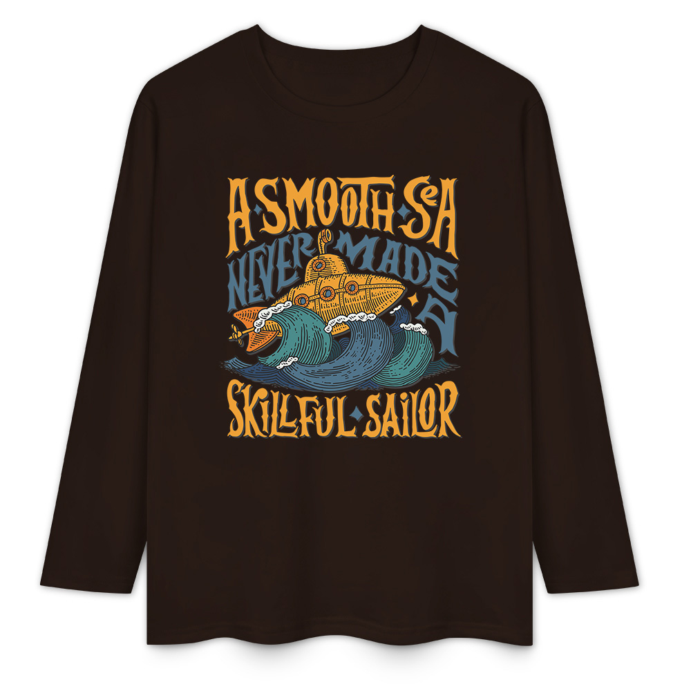 Dark brown pure cotton long sleeve T-shirt featuring 'A SMOOTH SHAKER' graphic, casual wear.