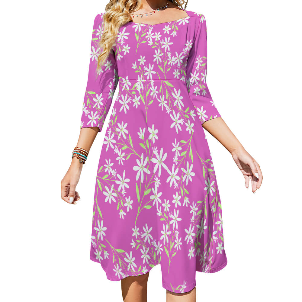 Pink Sweetheart Knot Flare Dress with floral print and mid-length sleeves. Stylish and comfortable.