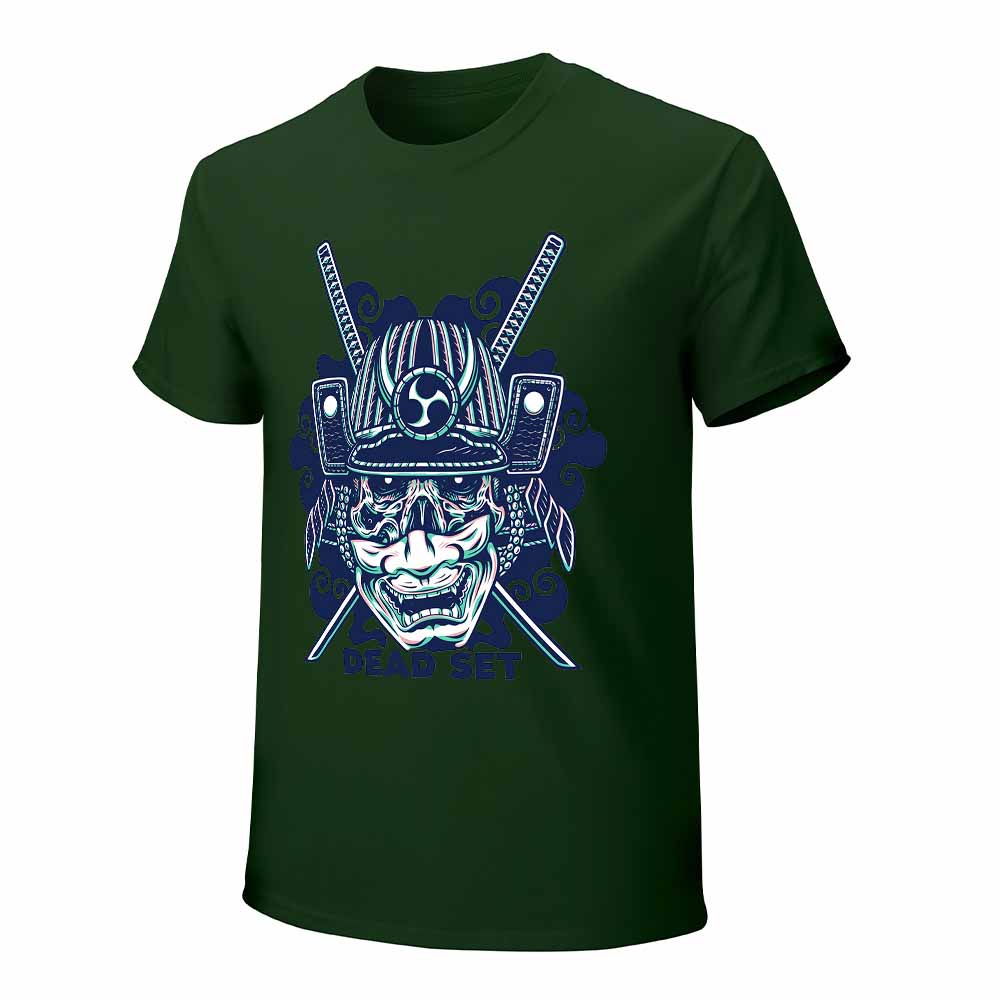 Dark green cotton men's samurai skull T-shirt, perfect for leisure and events