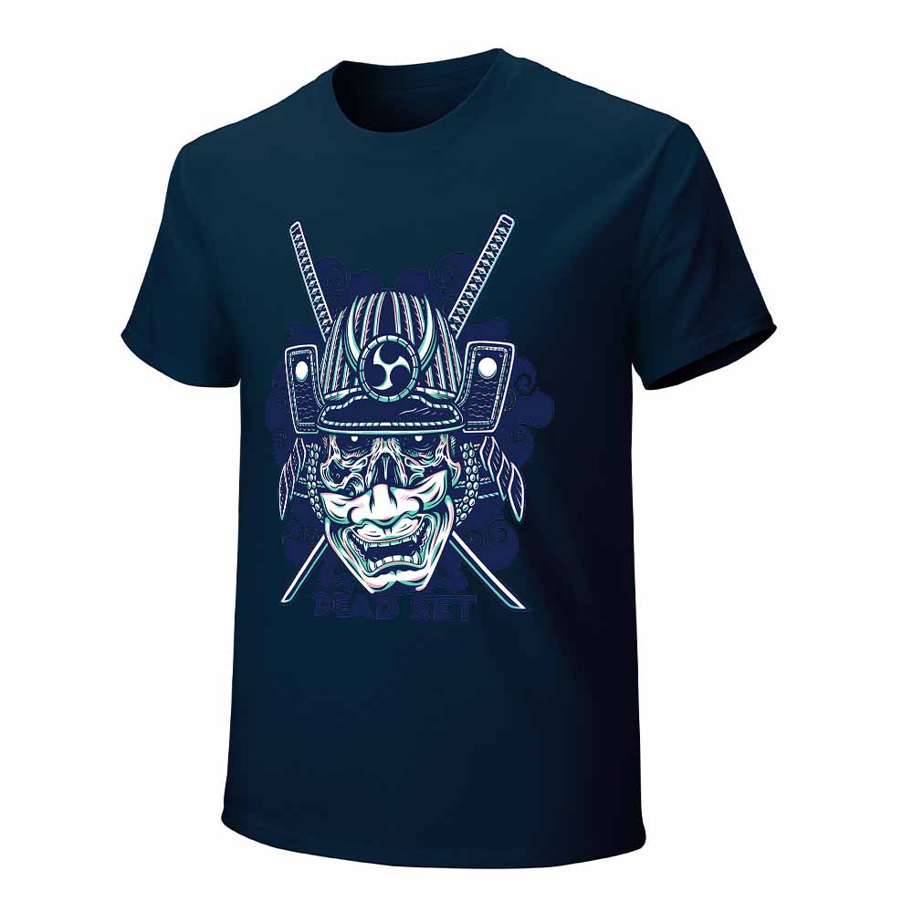 Navy blue cotton men's T-shirt with blue samurai skull design, perfect for leisure and events.