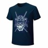 Navy blue cotton men's T-shirt with blue samurai skull design, perfect for leisure and events.