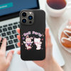 iPhone 13 case with black TPU, "Doll Party" design featuring bunny and bear characters, wireless charging compatible.