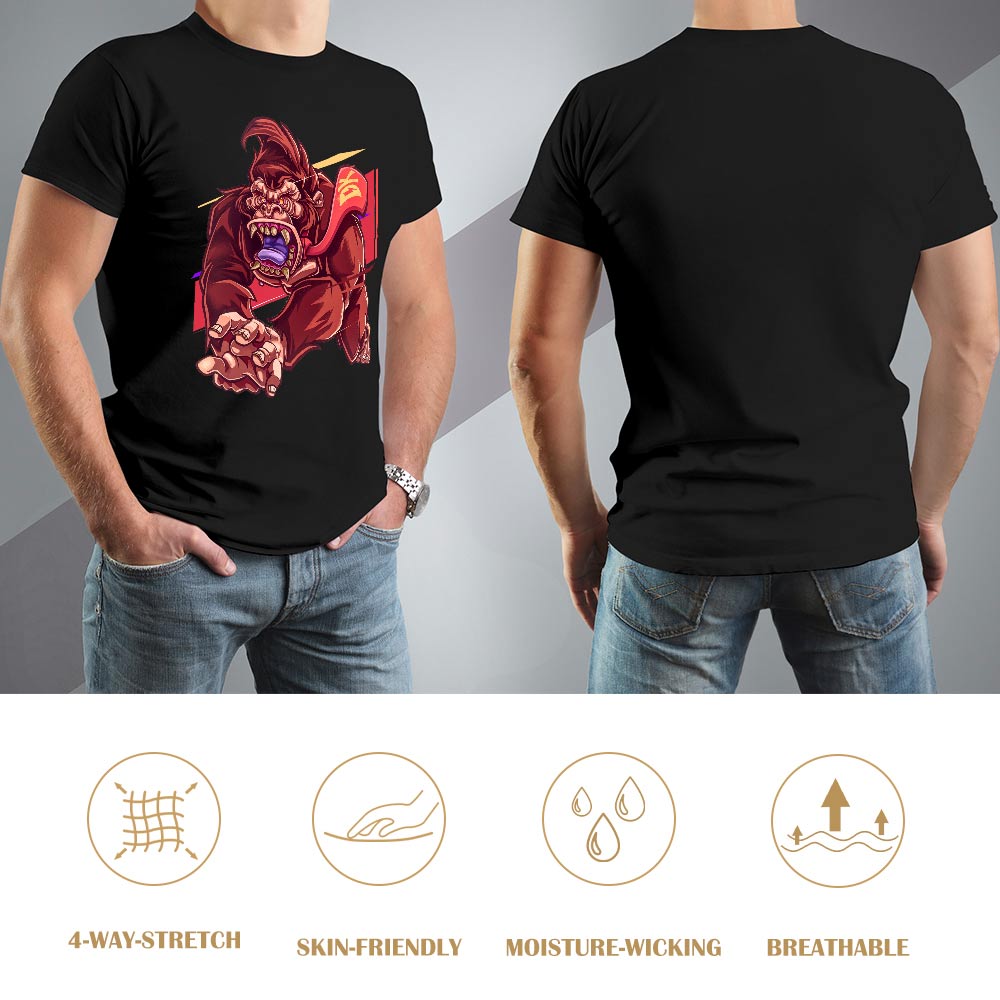 Men's black cotton t-shirt with red monster graphic print front and back, Inkedjoy product