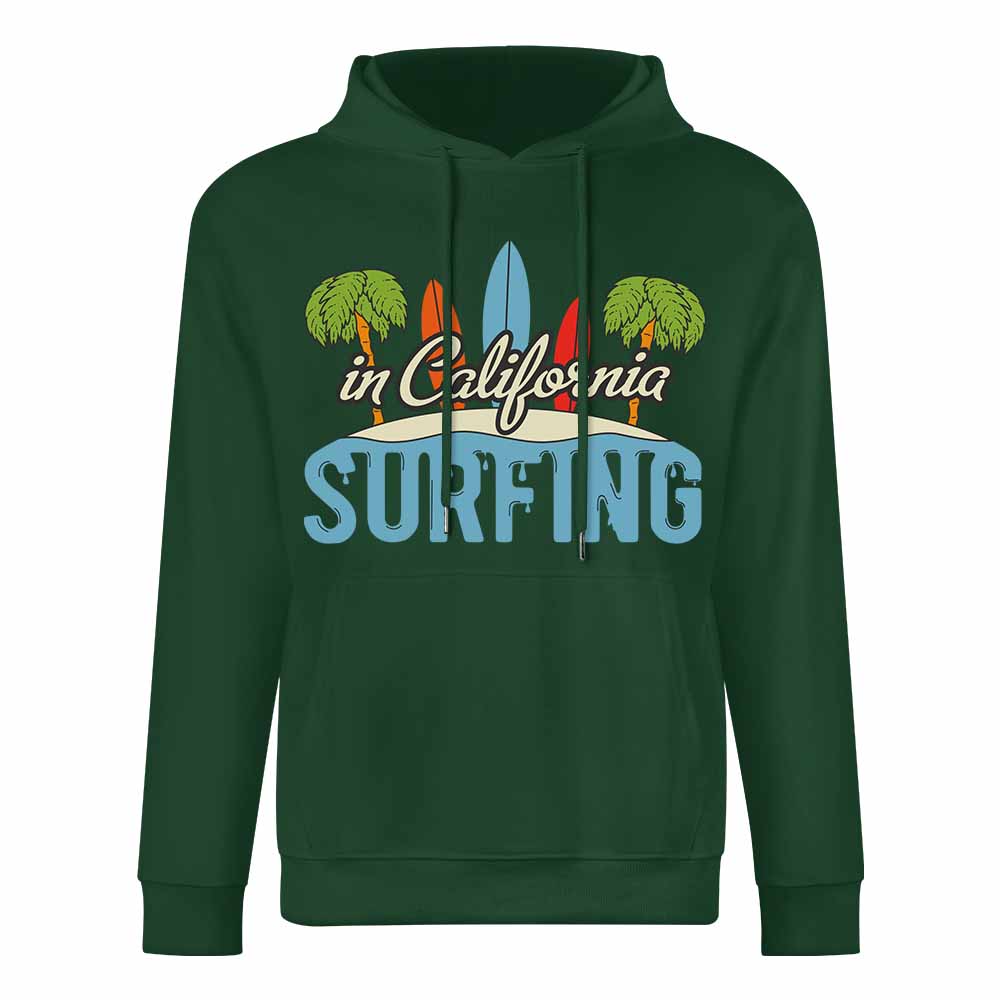 Green California Surfing hoodie, cotton, loose fit, daily wear.