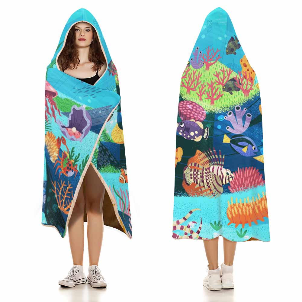 Arctic Velvet Cloak Hooded Blanket: Underwater scene with coral, fish, and jellyfish, cozy lounging