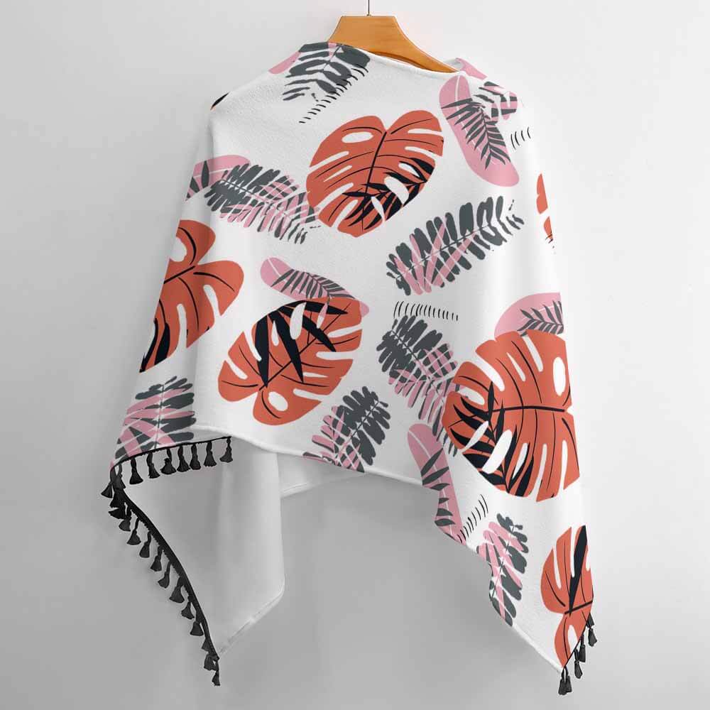 Polyester Knitted Cape with Leaf Pattern and Fringed Edge