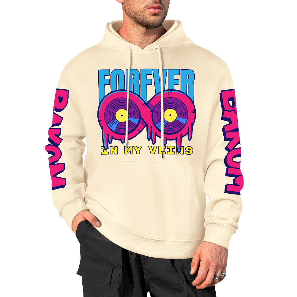 Cream cotton hooded sweater with FOREVER 99 donut graphic and LIQUID sleeve prints, youth fashion style