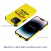 Yellow iPhone 14 fiber skin case with 'ALWAYS HUNGRY' graphic, scratch-resistant, stylish design.