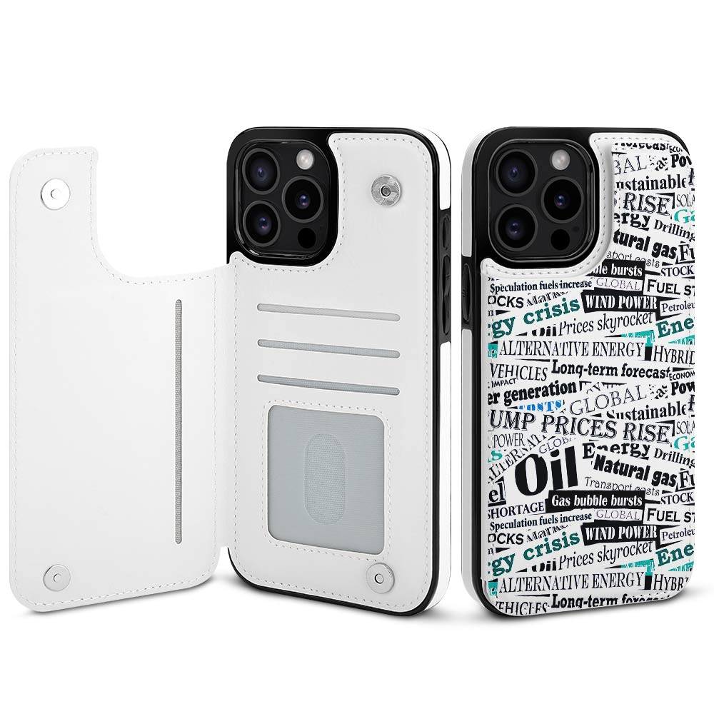 iPhone 15 case with card slot, white TPU leather, text print design, full protection, stylish and practical.