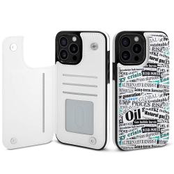 iPhone 15 case with card slot, white TPU leather, text print design, full protection, stylish and practical.